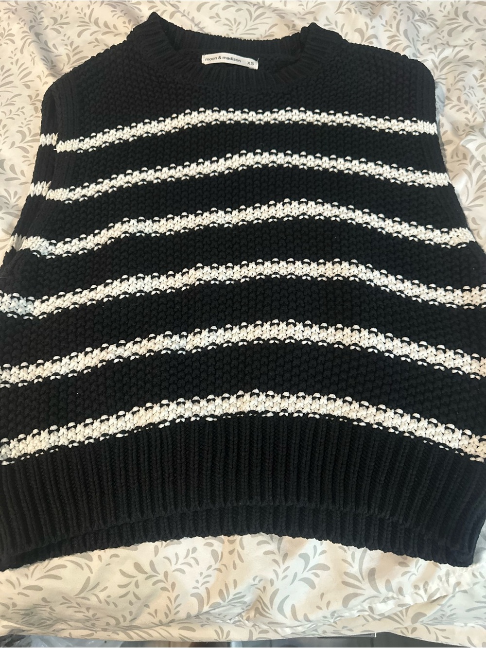 moon & madison Black Crewneck Sweater with White Stripes